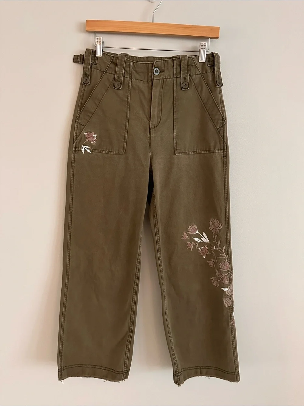 Free People Keep It Real Military Pant Olive Embroidered Floral Cropped Wide Leg